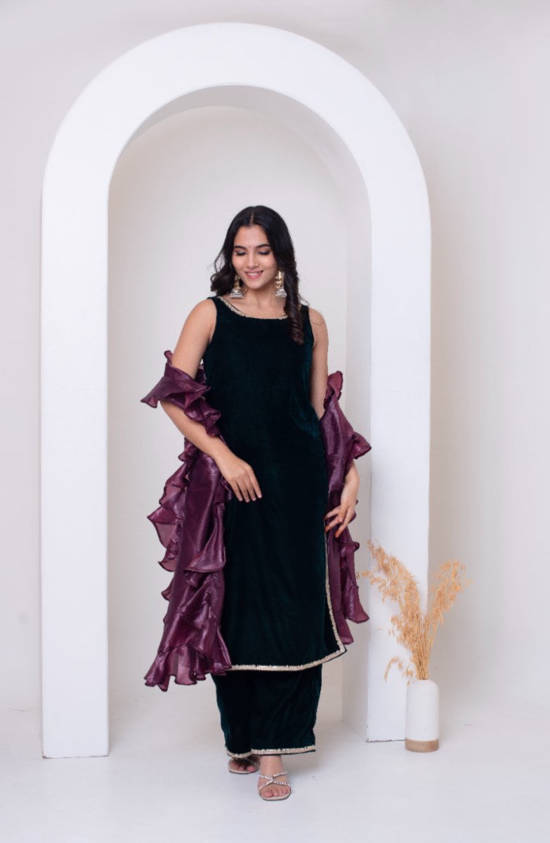GHAZAL BOTTLE GREEN VELVET SUIT SET WITH FRILL COSMOS SILK DUPATTA - Pomcha Jaipur