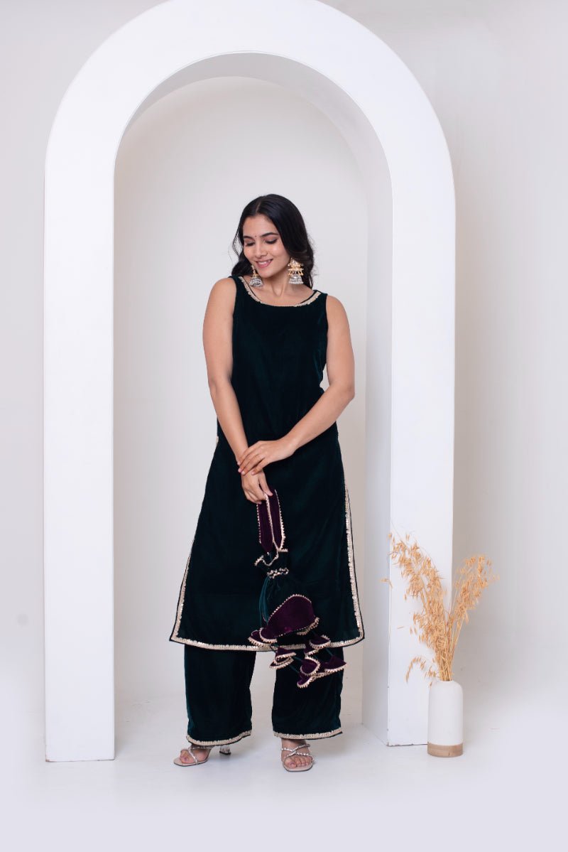 GHAZAL BOTTLE GREEN VELVET SUIT SET WITH FRILL COSMOS SILK DUPATTA - Pomcha Jaipur