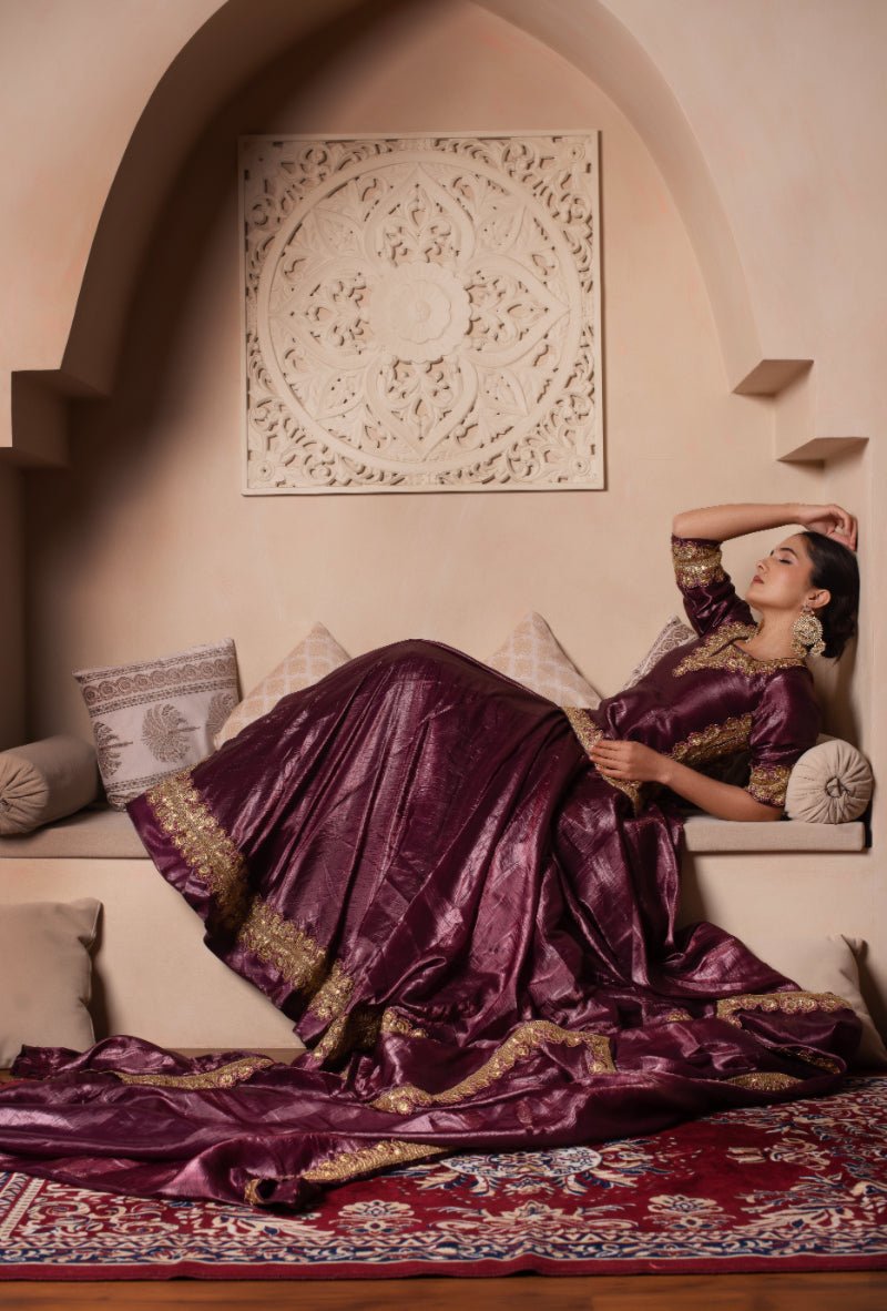 GHAZAL BURGUNDY GOTA THREAD WORK SILK LEHENGA WITH SILK DUPATTA - Pomcha Jaipur