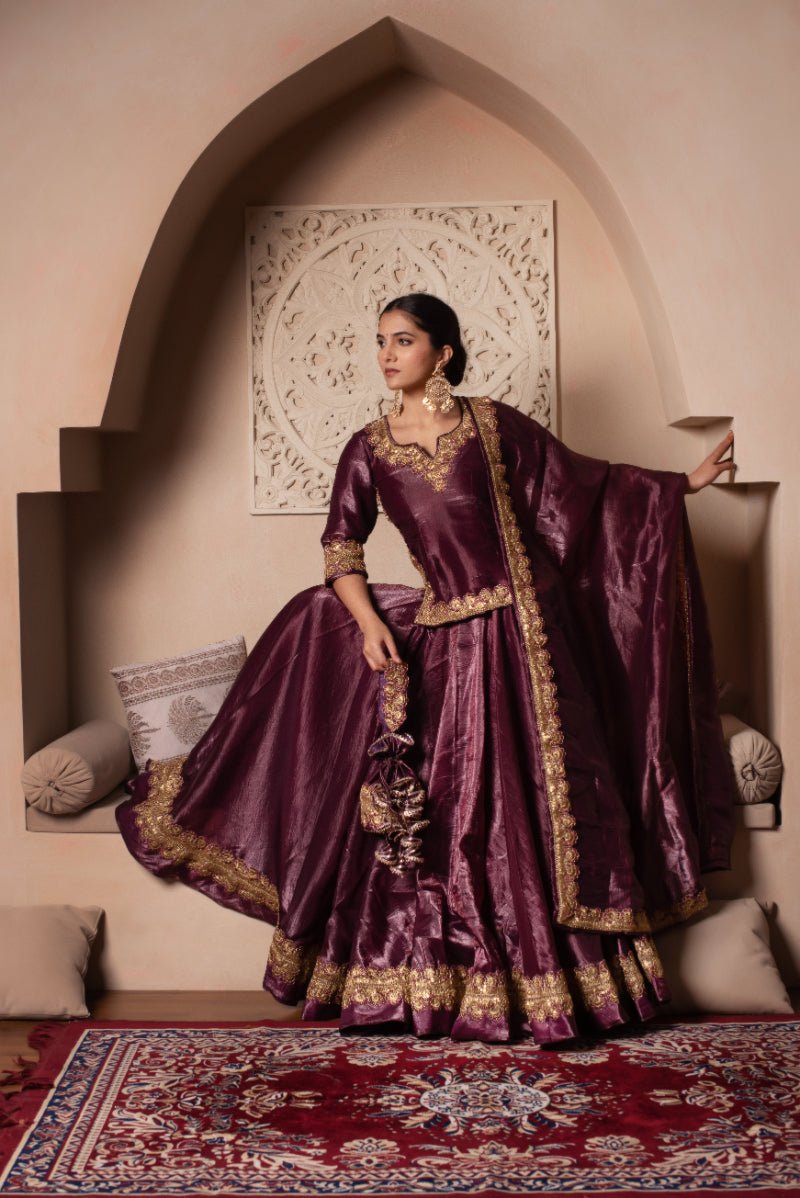 GHAZAL BURGUNDY GOTA THREAD WORK SILK LEHENGA WITH SILK DUPATTA - Pomcha Jaipur