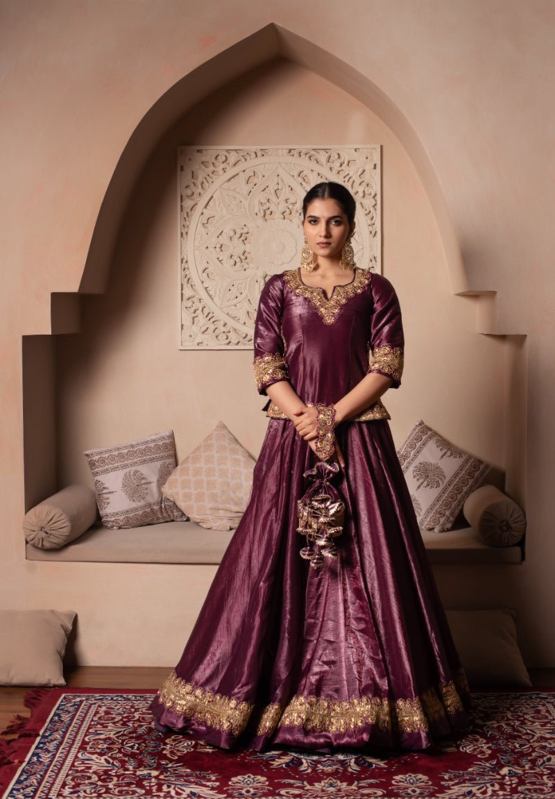 GHAZAL BURGUNDY GOTA THREAD WORK SILK LEHENGA WITH SILK DUPATTA - Pomcha Jaipur