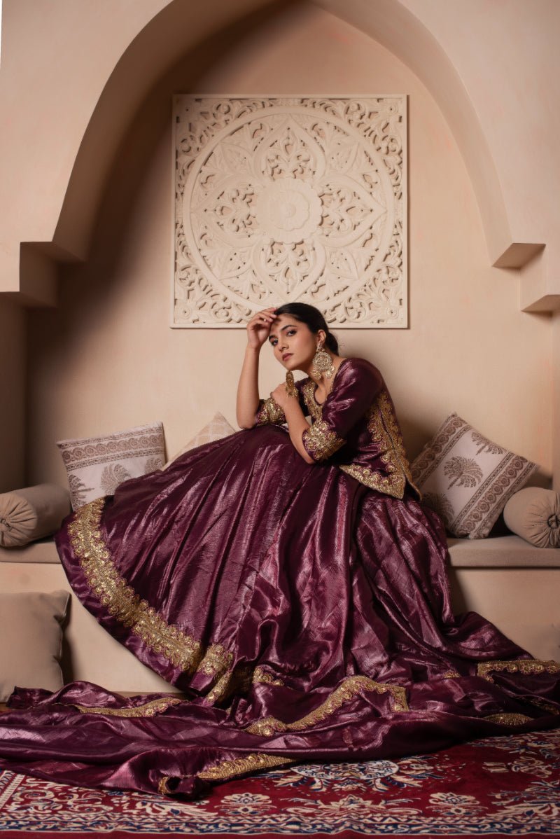 GHAZAL BURGUNDY GOTA THREAD WORK SILK LEHENGA WITH SILK DUPATTA - Pomcha Jaipur