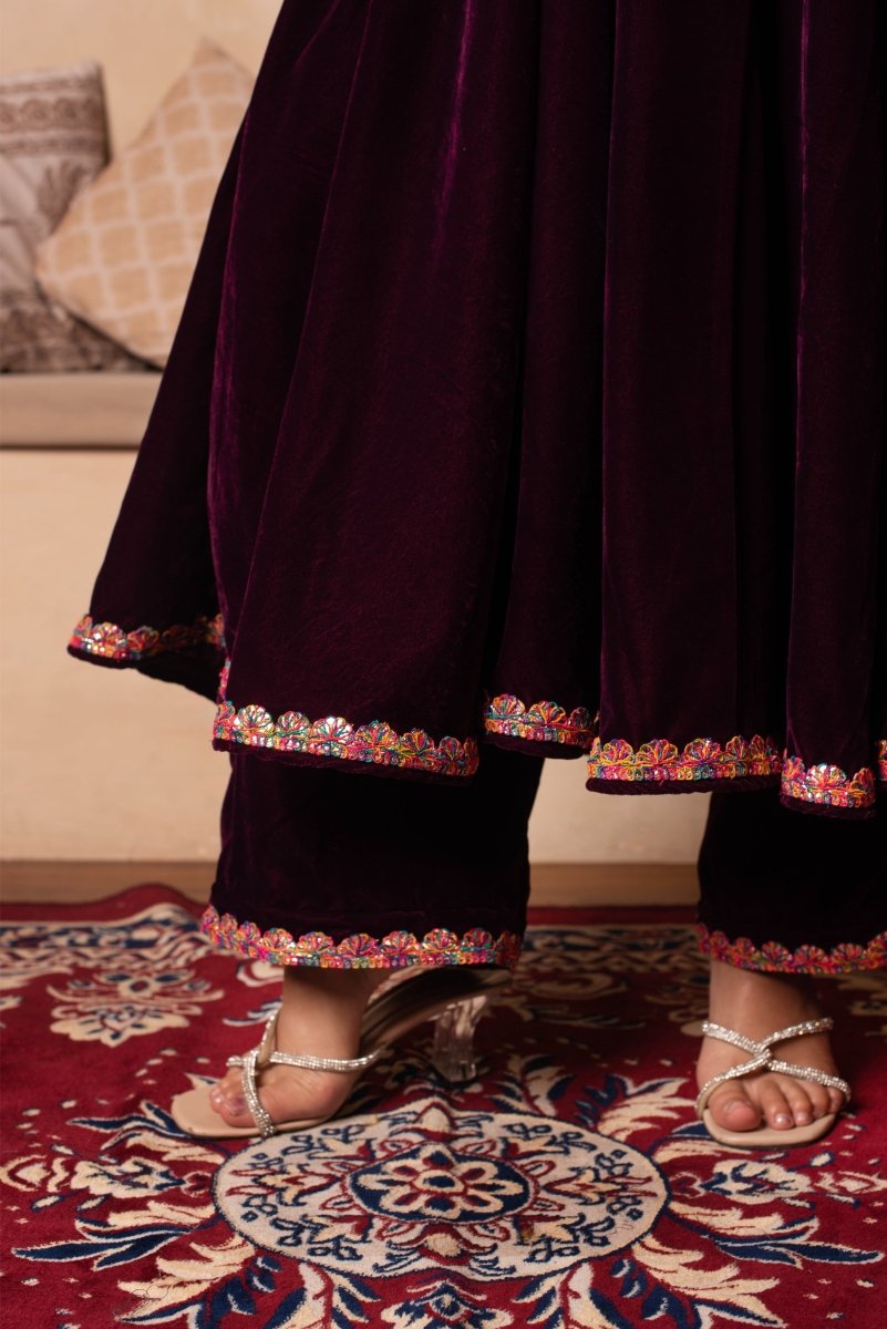 GHAZAL BURGUNDY VELVET ANARKALI SET WITH COSMOS SILK DUPATTA - Pomcha Jaipur