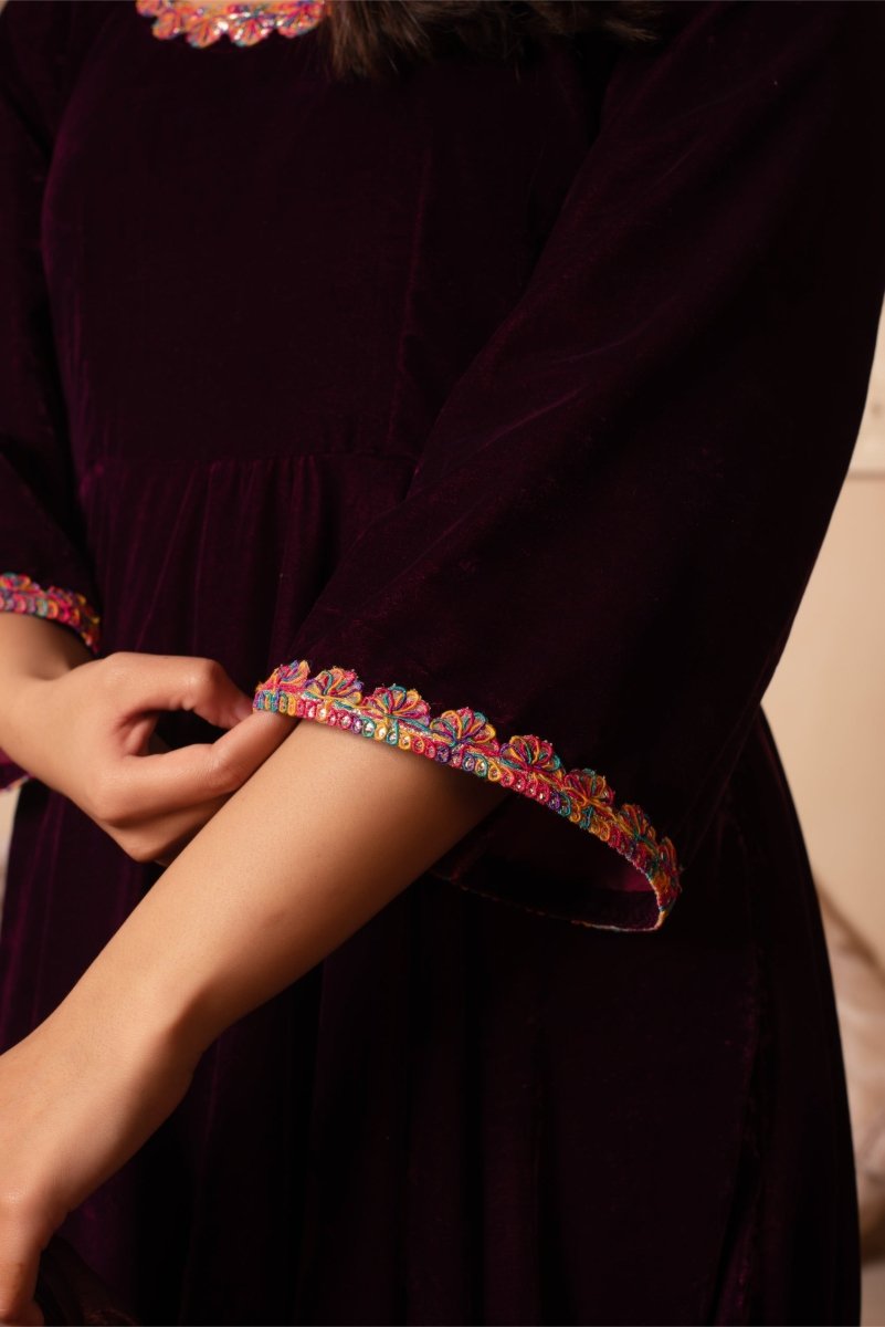 GHAZAL BURGUNDY VELVET ANARKALI SET WITH COSMOS SILK DUPATTA - Pomcha Jaipur