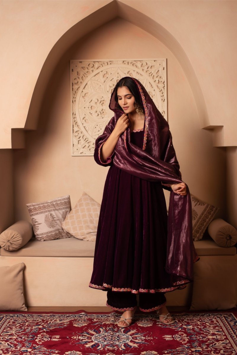 GHAZAL BURGUNDY VELVET ANARKALI SET WITH COSMOS SILK DUPATTA - Pomcha Jaipur