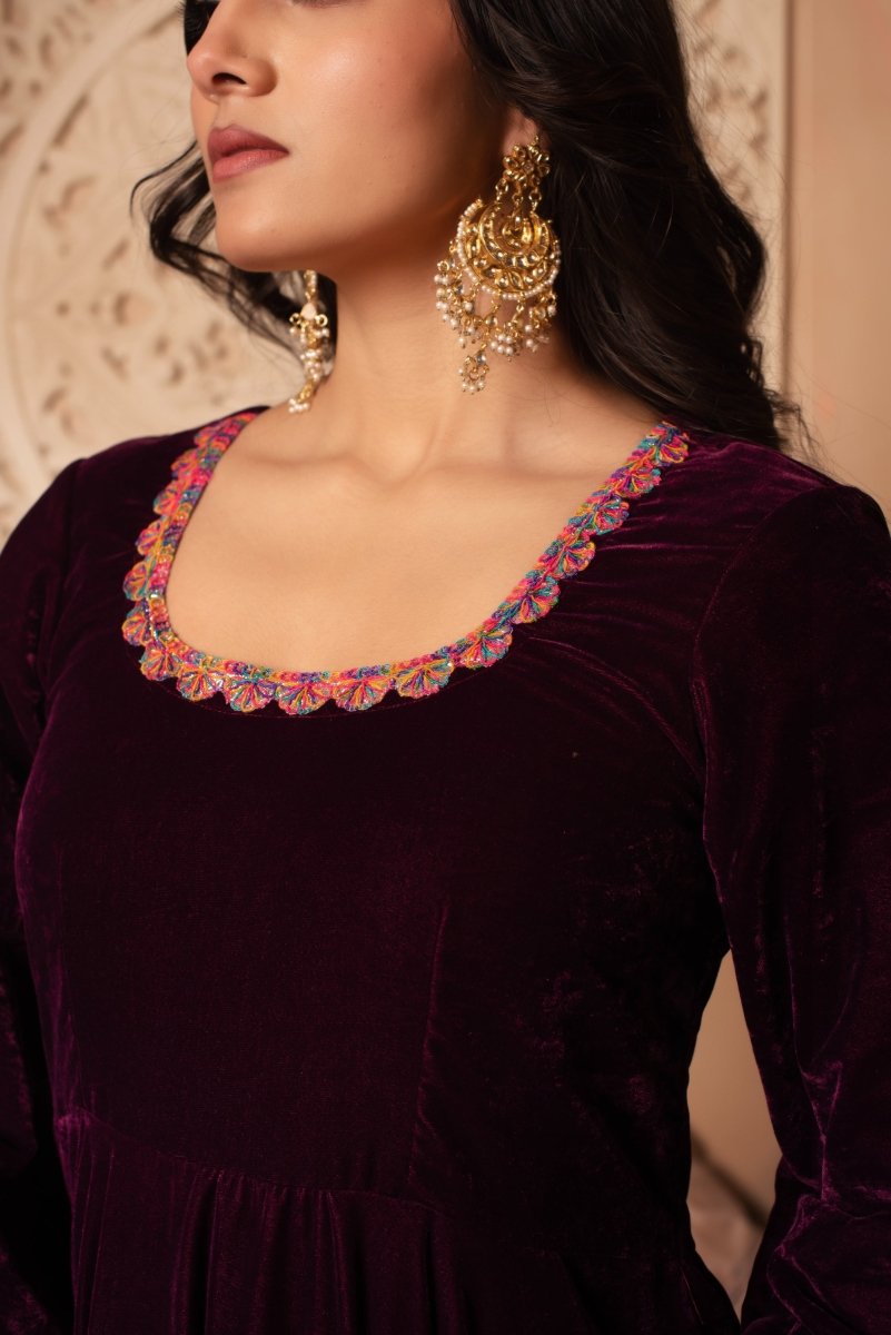 GHAZAL BURGUNDY VELVET ANARKALI SET WITH COSMOS SILK DUPATTA - Pomcha Jaipur