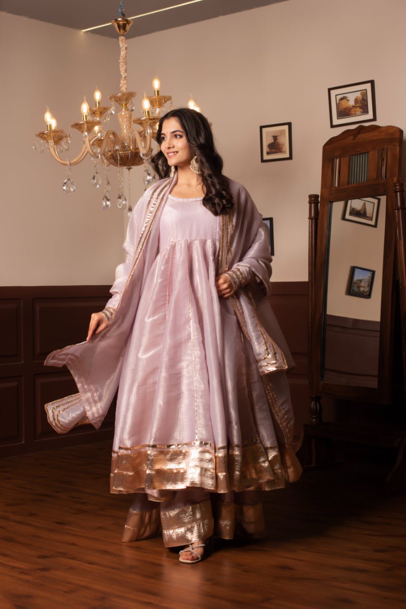 GHAZAL COSMOS SILK LILAC GOTA PATTI KALIDAR ANARKALI SET WITH COSMOS SILK DUPATTA - Pomcha Jaipur
