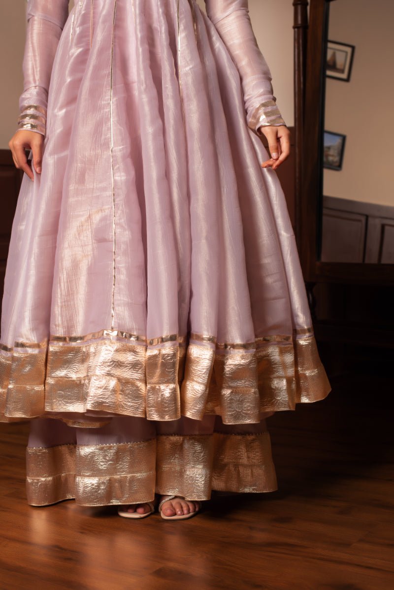 GHAZAL COSMOS SILK LILAC GOTA PATTI KALIDAR ANARKALI SET WITH COSMOS SILK DUPATTA - Pomcha Jaipur