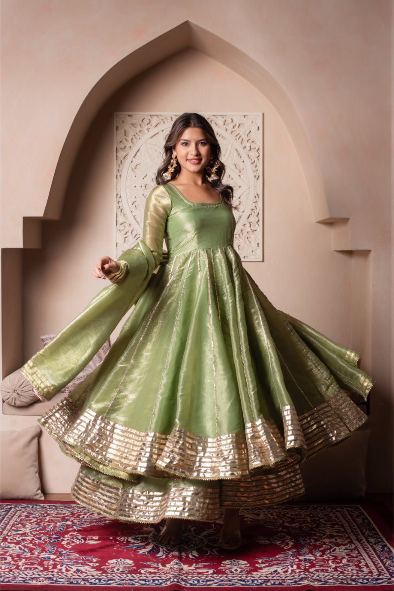 GHAZAL GREEN COSMOS SILK GOTA PATTI ANARKALI SET WITH COSMOS SILK DUPATTA - Pomcha Jaipur