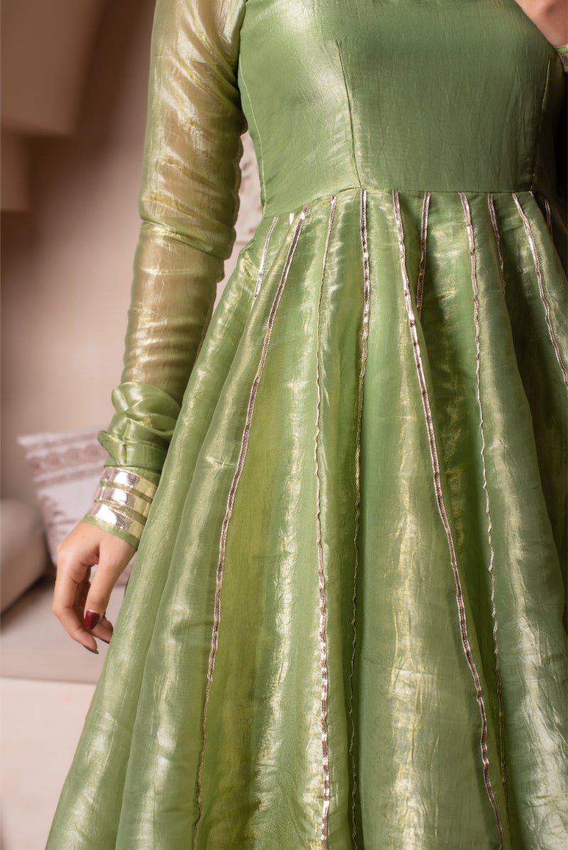 GHAZAL GREEN COSMOS SILK GOTA PATTI ANARKALI SET WITH COSMOS SILK DUPATTA - Pomcha Jaipur