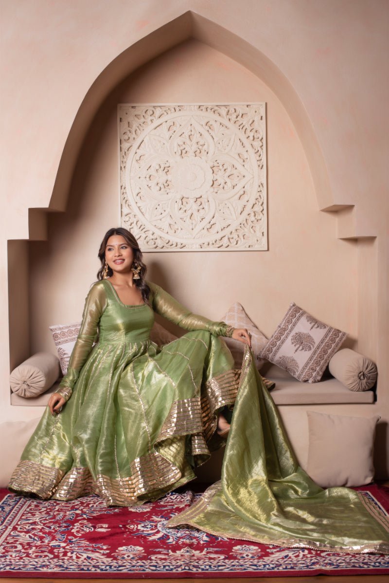 GHAZAL GREEN COSMOS SILK GOTA PATTI ANARKALI SET WITH COSMOS SILK DUPATTA - Pomcha Jaipur
