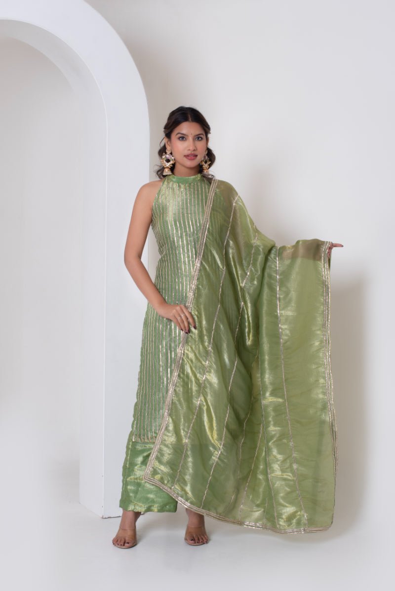 GHAZAL GREEN COSMOS SILK GOTTA PATTI SUIT SET WITH COSMOS SILK DUPATTA - Pomcha Jaipur