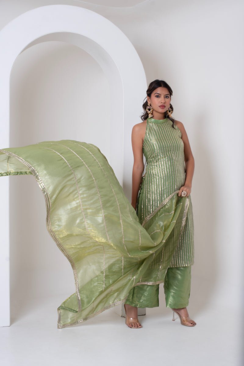 GHAZAL GREEN COSMOS SILK GOTTA PATTI SUIT SET WITH COSMOS SILK DUPATTA - Pomcha Jaipur