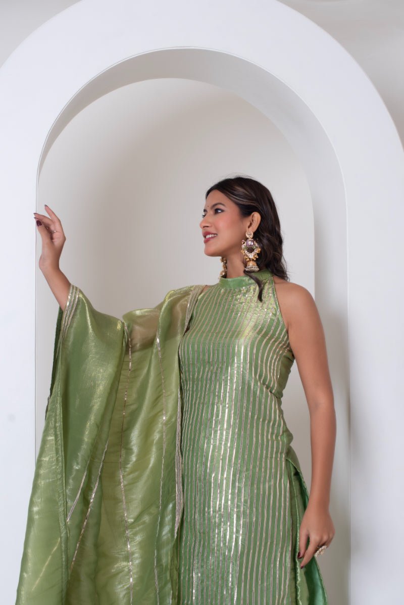 GHAZAL GREEN COSMOS SILK GOTTA PATTI SUIT SET WITH COSMOS SILK DUPATTA - Pomcha Jaipur