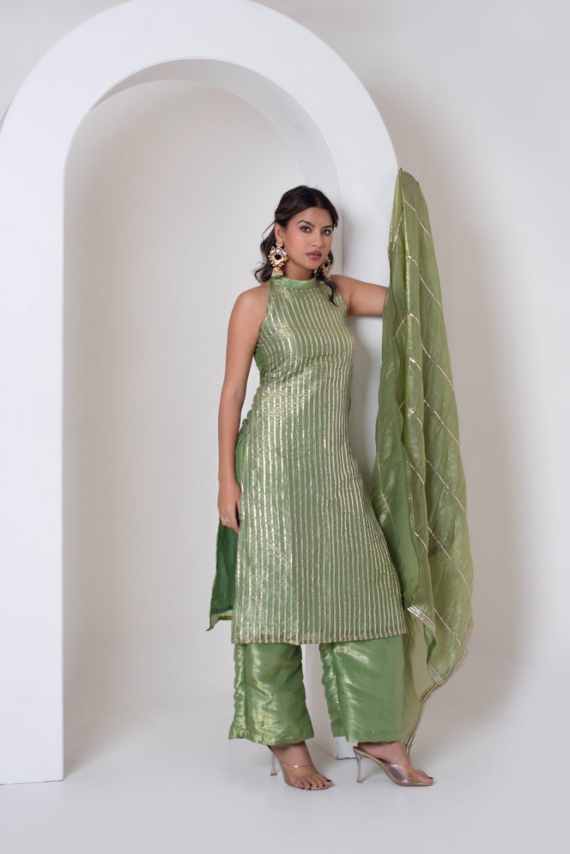 GHAZAL GREEN COSMOS SILK GOTTA PATTI SUIT SET WITH COSMOS SILK DUPATTA - Pomcha Jaipur