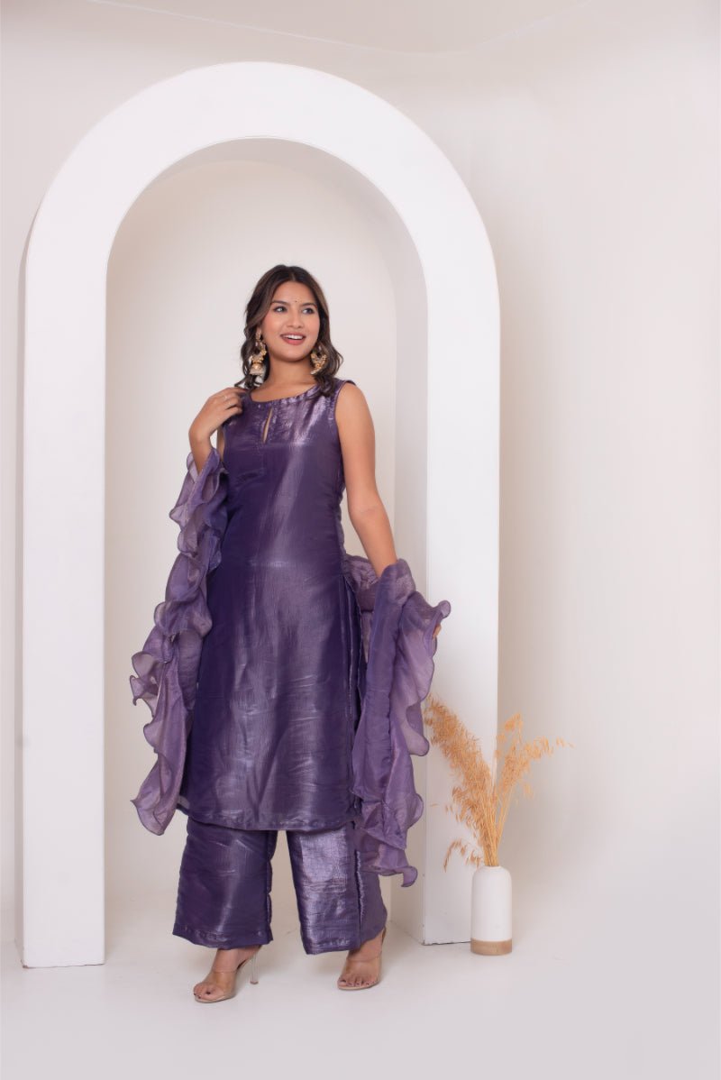GHAZAL LIGHT PURPLE SILK KURTA SET WITH SILK FRILL DUPATTA - Pomcha Jaipur