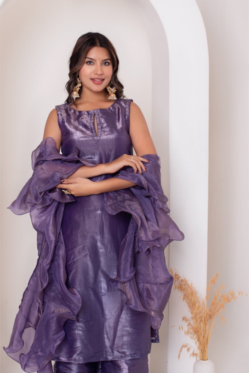 GHAZAL LIGHT PURPLE SILK KURTA SET WITH SILK FRILL DUPATTA - Pomcha Jaipur