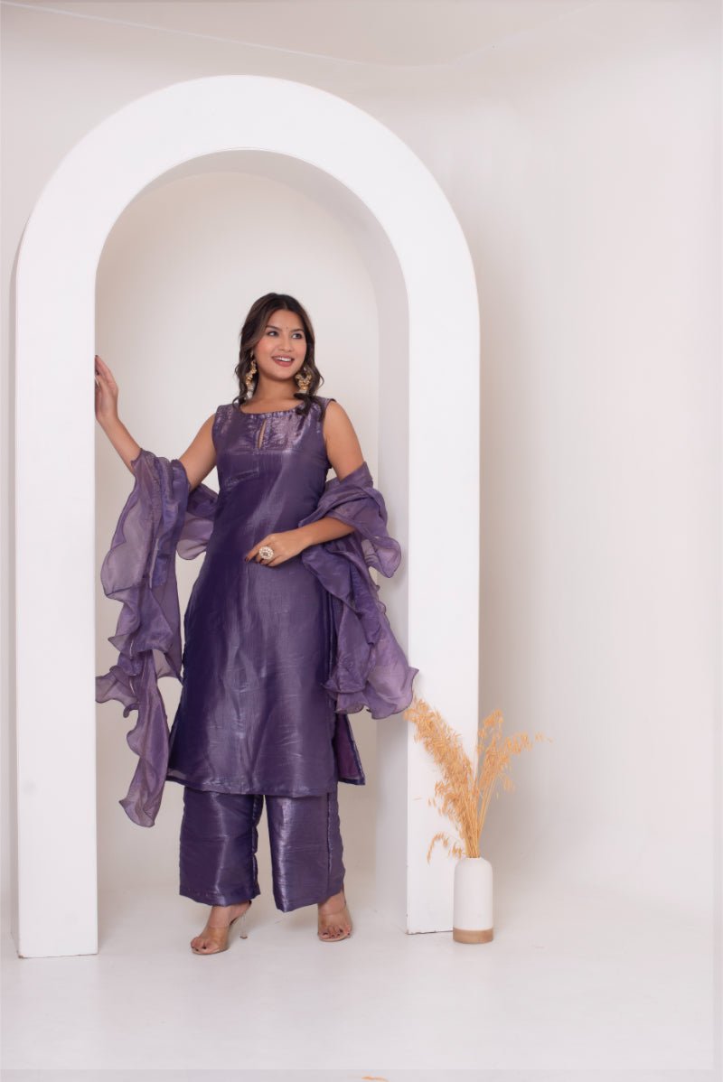 GHAZAL LIGHT PURPLE SILK KURTA SET WITH SILK FRILL DUPATTA - Pomcha Jaipur