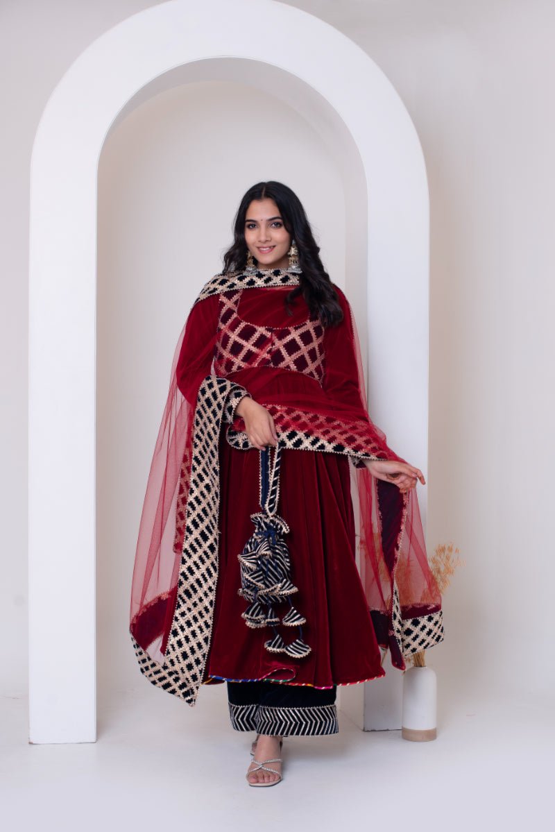 GHAZAL MAROON VELVET GOTA PATTI ANARKALI SET WITH VELVET VEST AND SOFT NET DUPATTA - Pomcha Jaipur