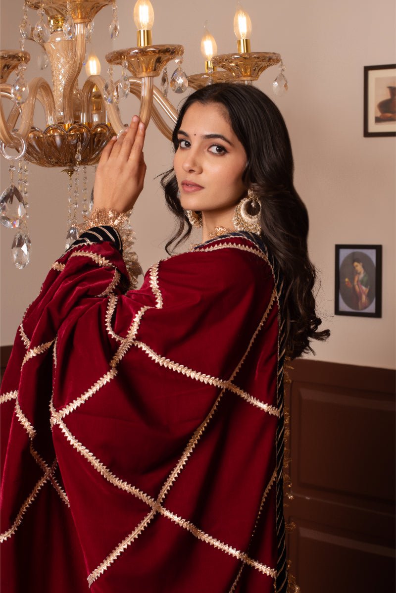 GHAZAL MAROON VELVET GOTA PATTI SUIT SET WITH VELVET DUPATTA - Pomcha Jaipur