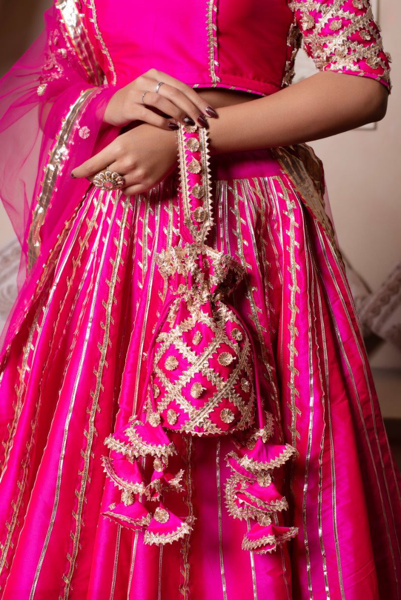 GHAZAL MEERA HOT PINK GOTA PATTI SILK LEHENGA SET WITH SOFT NET DUPATTA - Pomcha Jaipur
