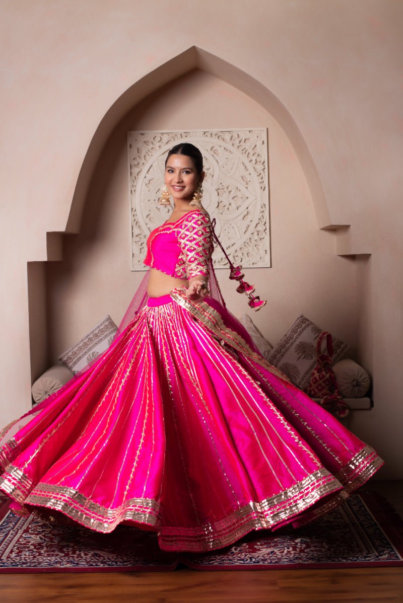 GHAZAL MEERA HOT PINK GOTA PATTI SILK LEHENGA SET WITH SOFT NET DUPATTA - Pomcha Jaipur