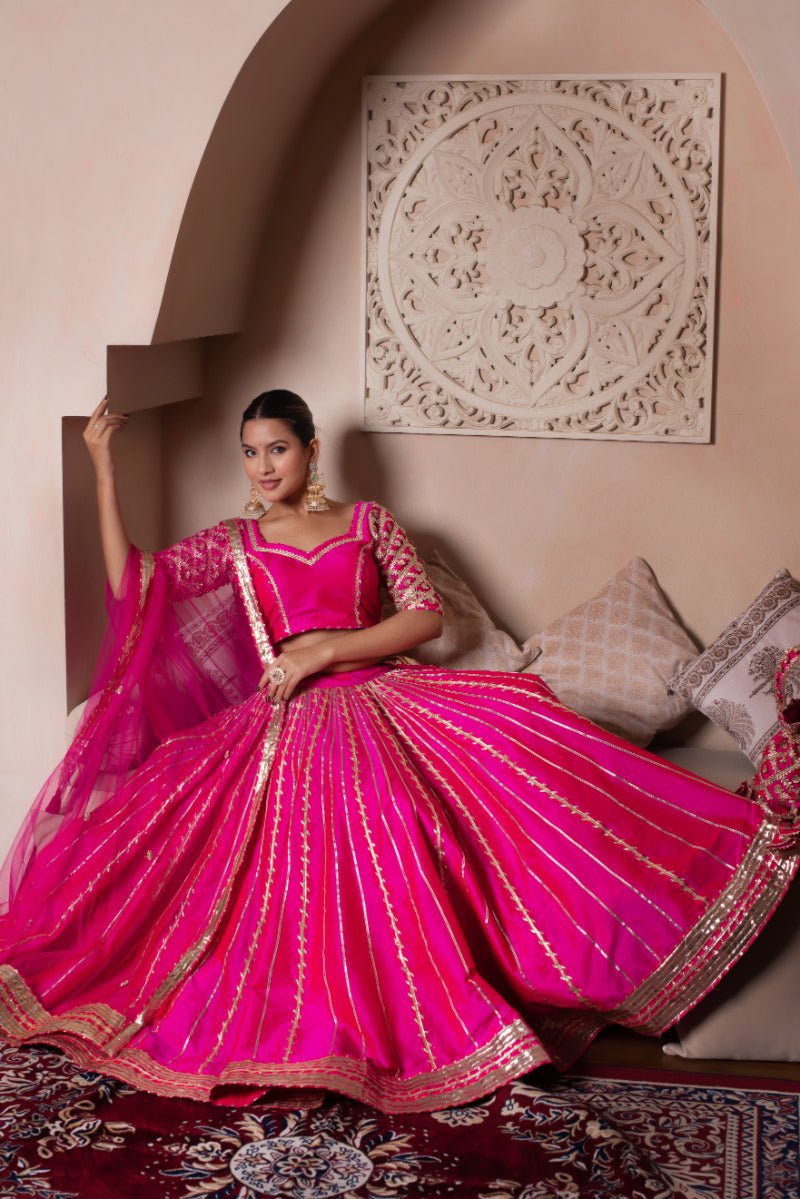 GHAZAL MEERA HOT PINK GOTA PATTI SILK LEHENGA SET WITH SOFT NET DUPATTA - Pomcha Jaipur