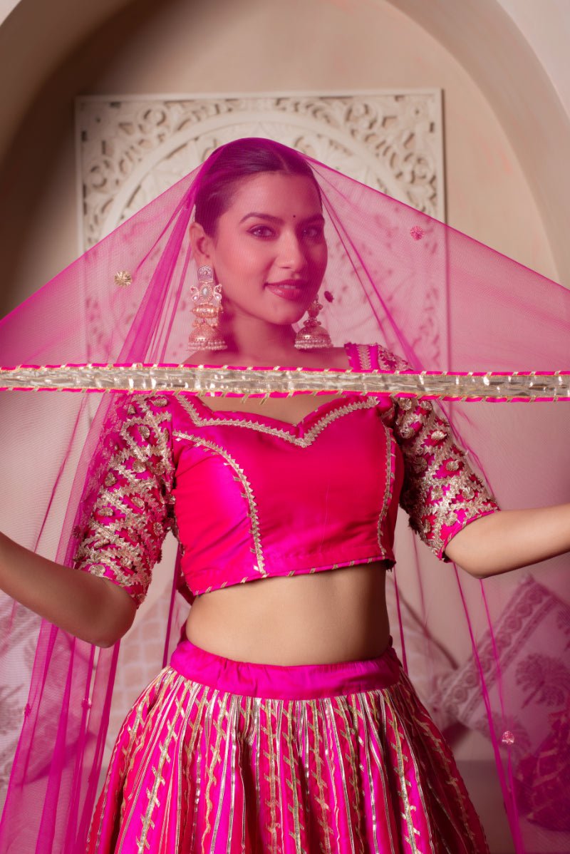 GHAZAL MEERA HOT PINK GOTA PATTI SILK LEHENGA SET WITH SOFT NET DUPATTA - Pomcha Jaipur
