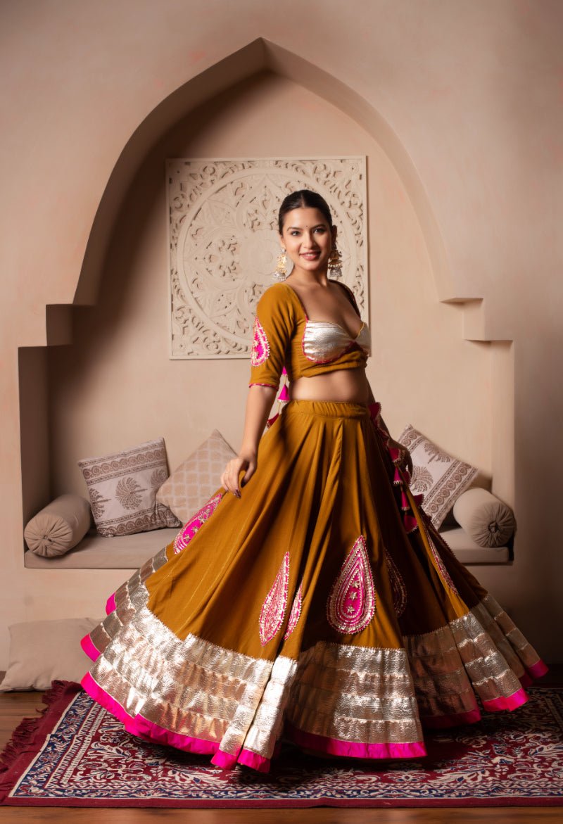 GHAZAL MUSTARD YELLOW VELVET GOTA PATTI LEHENGA WITH SOFT NET DUPATTA - Pomcha Jaipur