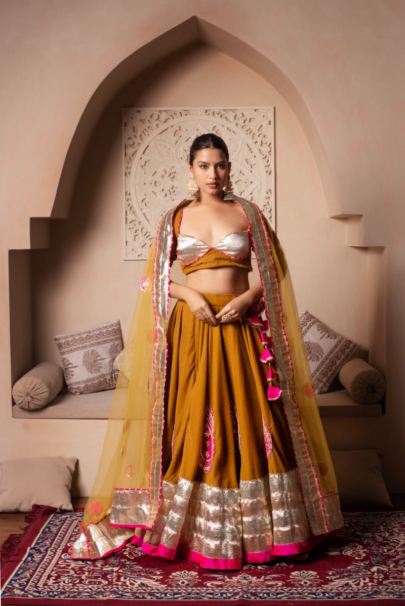 GHAZAL MUSTARD YELLOW VELVET GOTA PATTI LEHENGA WITH SOFT NET DUPATTA - Pomcha Jaipur