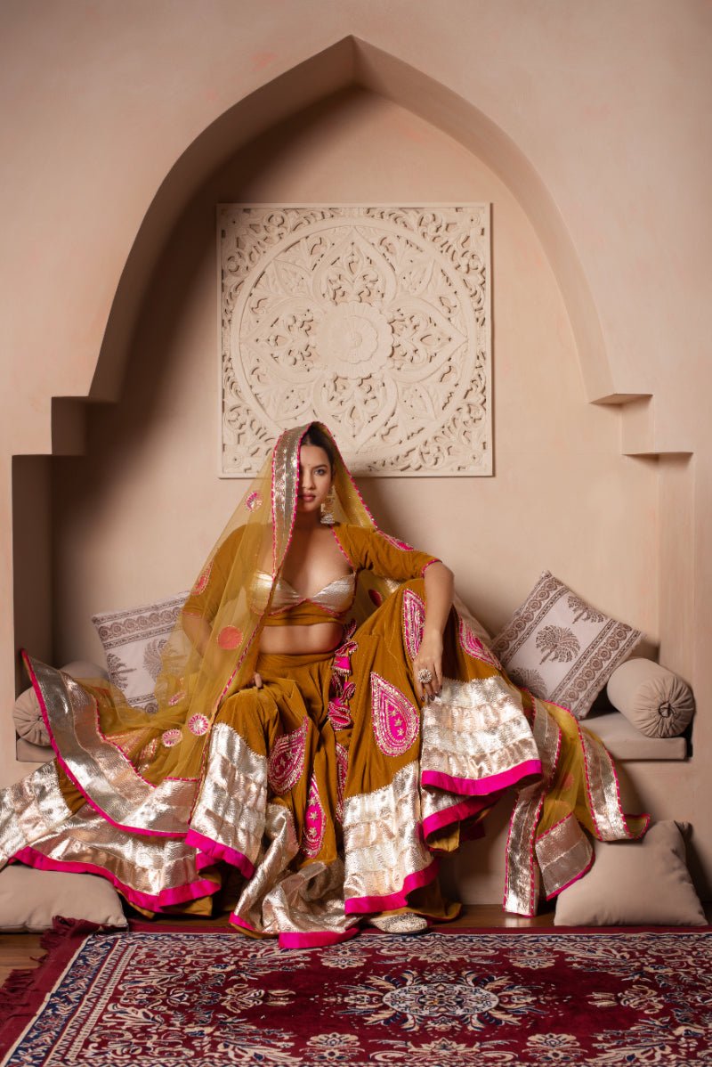 GHAZAL MUSTARD YELLOW VELVET GOTA PATTI LEHENGA WITH SOFT NET DUPATTA - Pomcha Jaipur