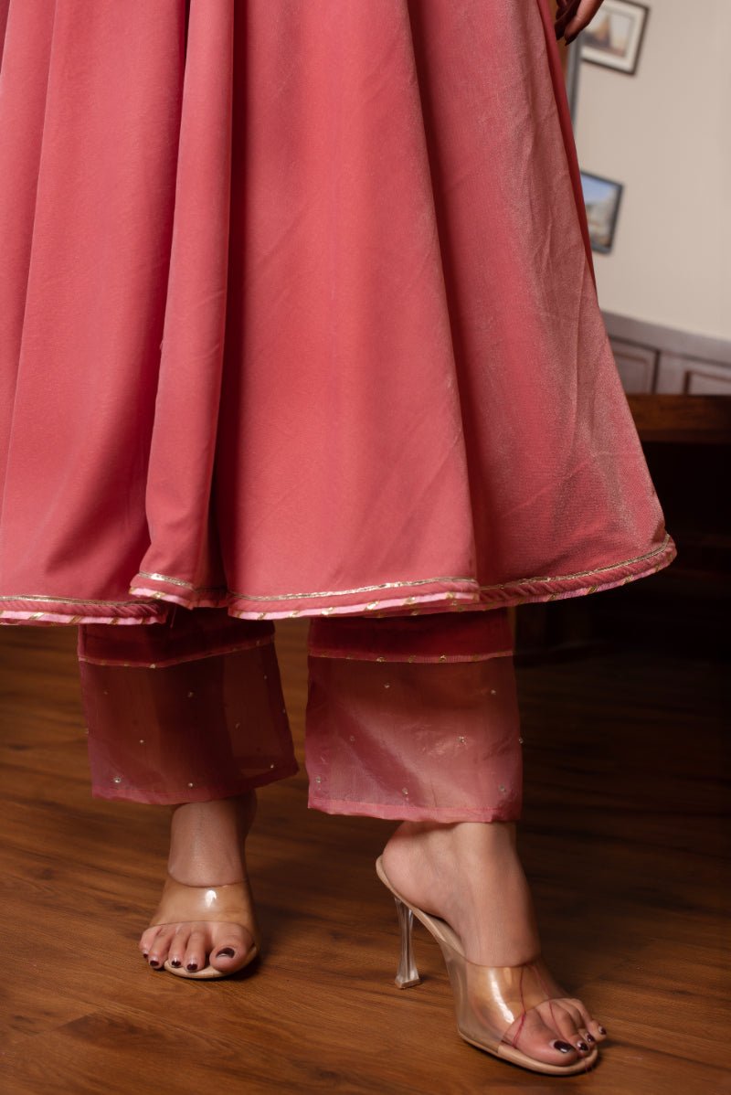 GHAZAL PEACH VELVET ANARKALI SET WITH COSMOS SILK DUPATTA - Pomcha Jaipur