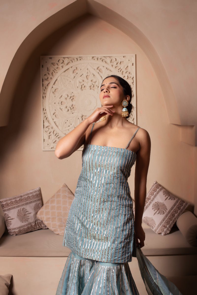 GHAZAL POWDER BLUE SILK GOTA PATTI SHARARA SET WITH SILK DUPATTA - Pomcha Jaipur