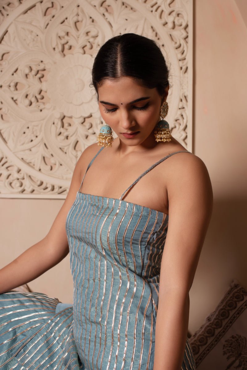 GHAZAL POWDER BLUE SILK GOTA PATTI SHARARA SET WITH SILK DUPATTA - Pomcha Jaipur