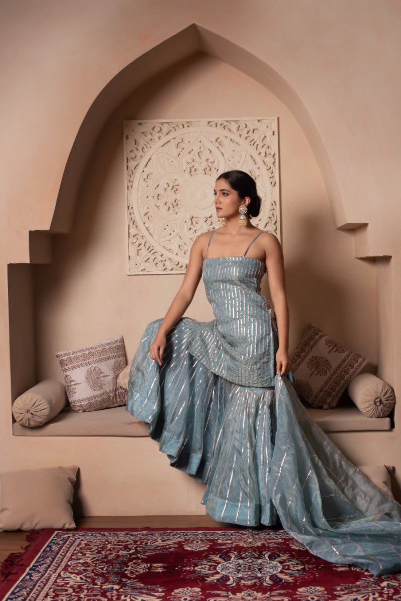 GHAZAL POWDER BLUE SILK GOTA PATTI SHARARA SET WITH SILK DUPATTA - Pomcha Jaipur