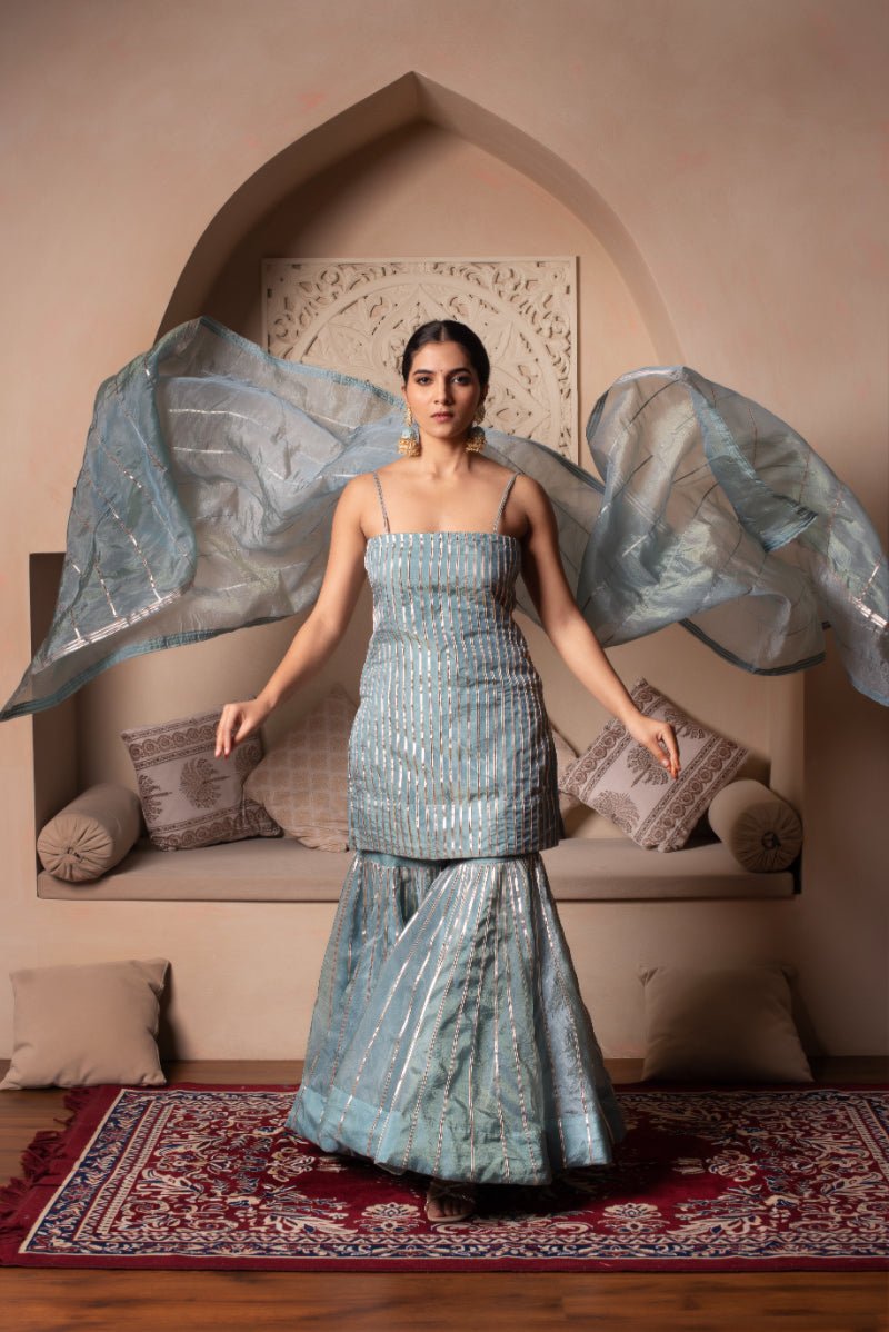 GHAZAL POWDER BLUE SILK GOTA PATTI SHARARA SET WITH SILK DUPATTA - Pomcha Jaipur
