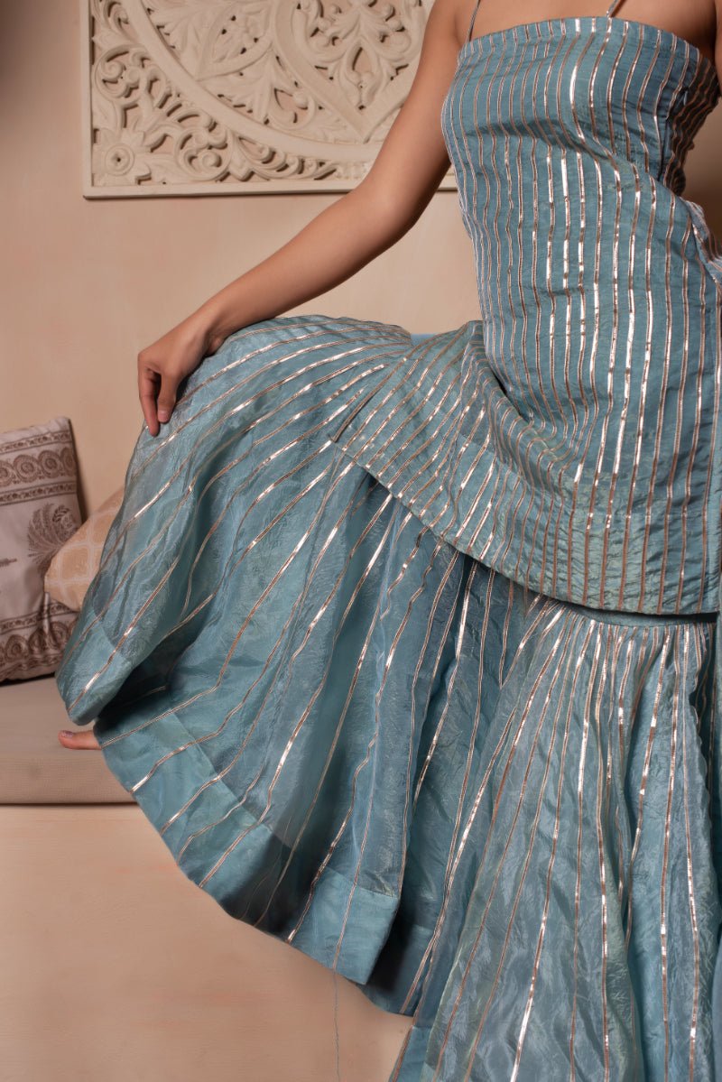 GHAZAL POWDER BLUE SILK GOTA PATTI SHARARA SET WITH SILK DUPATTA - Pomcha Jaipur