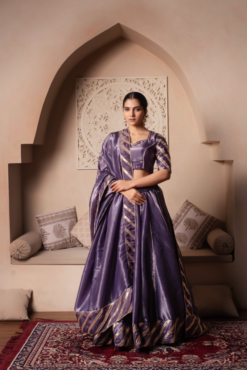 Pomcha Jaipur Ghazal Purple Silk Gota Patti Lehenga Set With Silk Dupatta