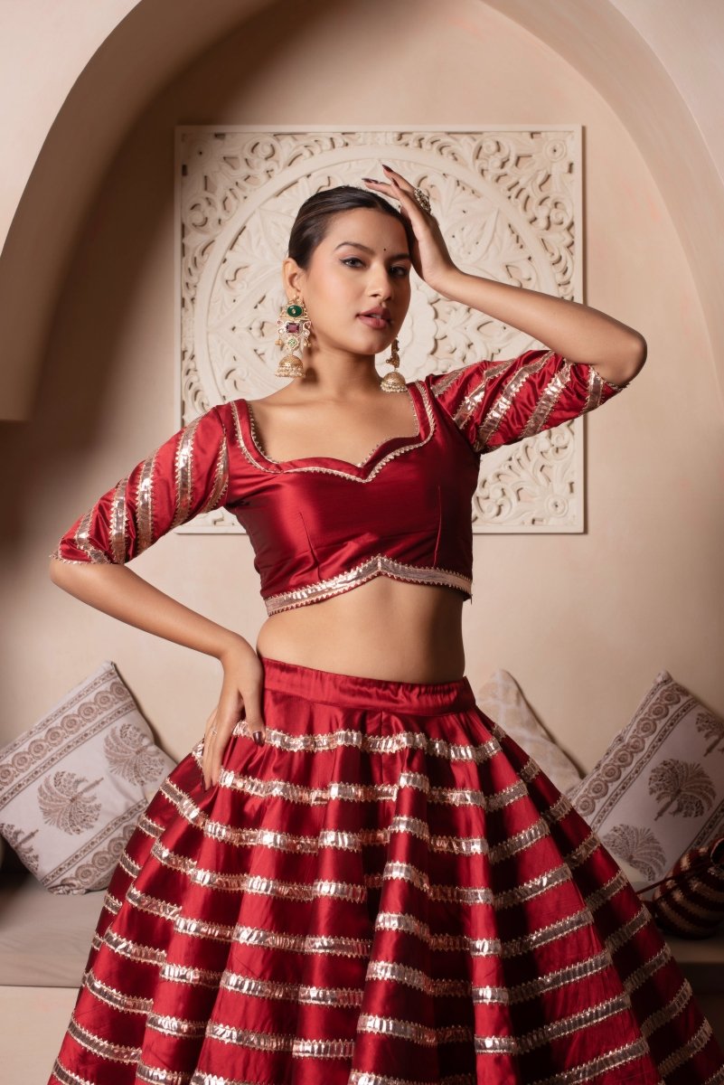 GHAZAL RED TAFFETA SILK GOTA PATTI LEHENGA SET WITH SOFT NET DUPATTA - Pomcha Jaipur