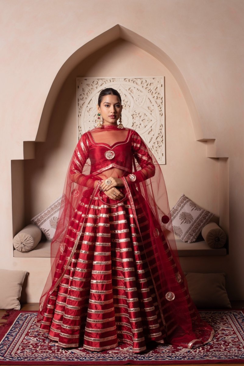 GHAZAL RED TAFFETA SILK GOTA PATTI LEHENGA SET WITH SOFT NET DUPATTA - Pomcha Jaipur