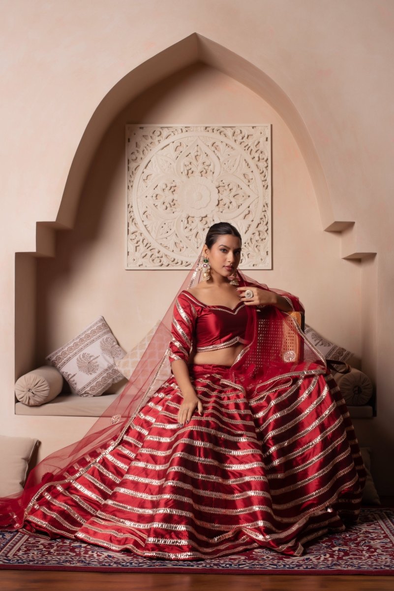GHAZAL RED TAFFETA SILK GOTA PATTI LEHENGA SET WITH SOFT NET DUPATTA - Pomcha Jaipur