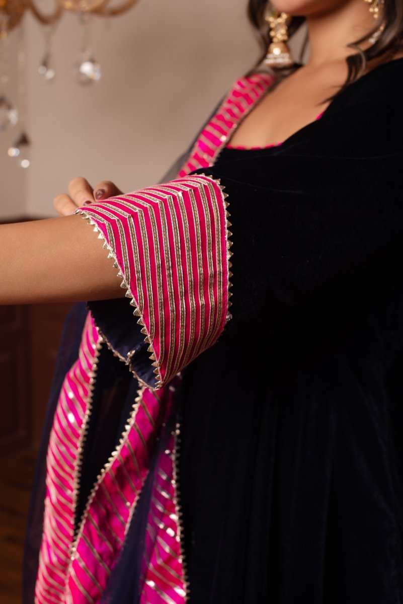GHAZAL ROYAL BLUE VELVET GOTA PATTI ANARKALI WITH SOFT NET DUPATTA - Pomcha Jaipur