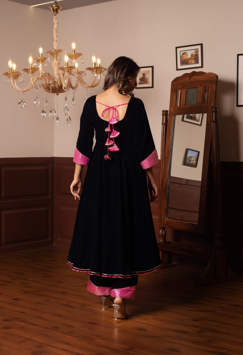 GHAZAL ROYAL BLUE VELVET GOTA PATTI ANARKALI WITH SOFT NET DUPATTA - Pomcha Jaipur