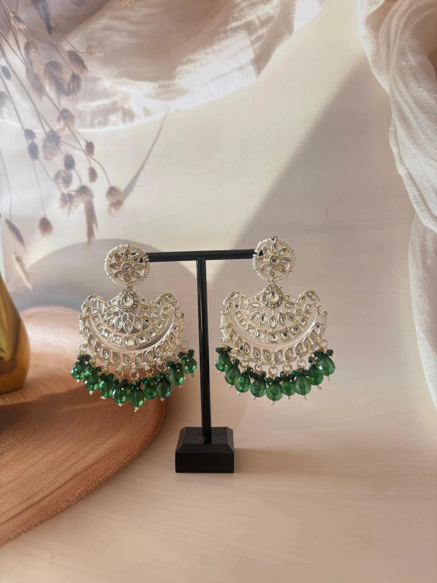 GREEN KUNDAN STUDDED EARRING SET - Pomcha Jaipur