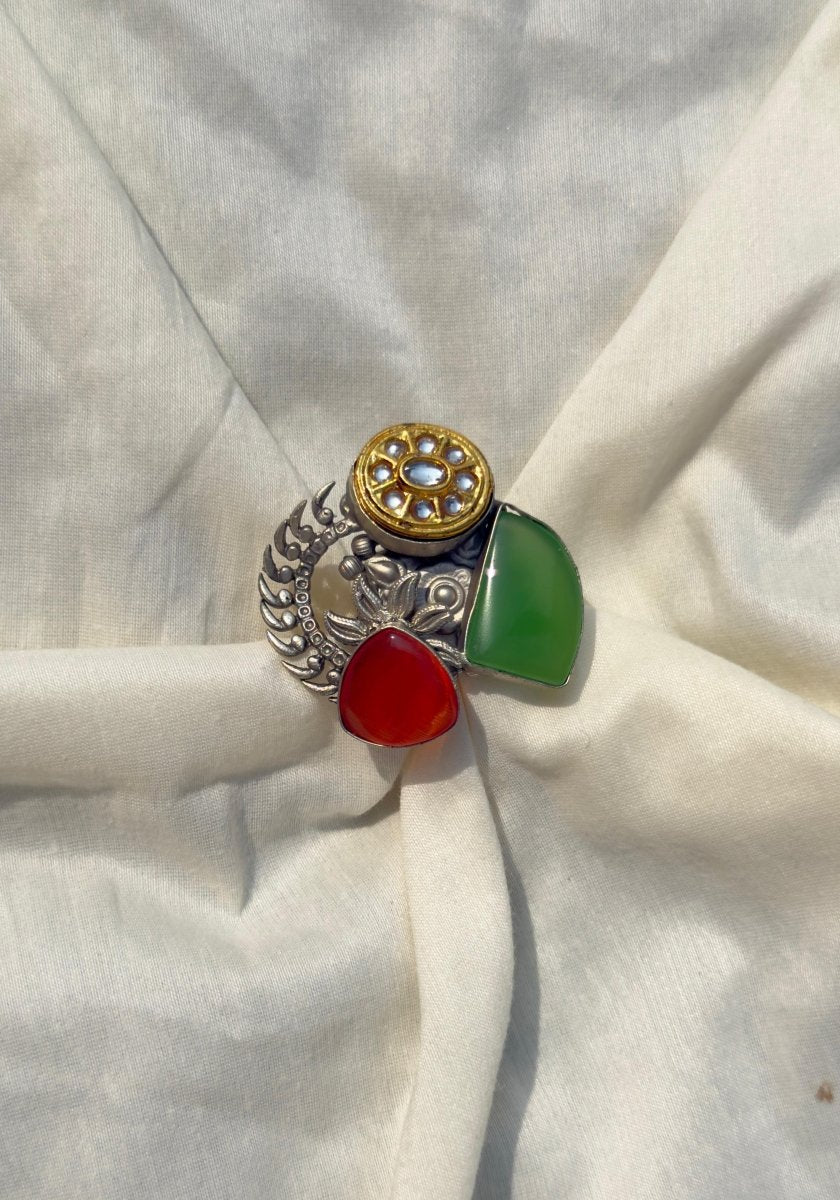 GREEN RED STONE SILVER OXIDISED RING - Pomcha Jaipur