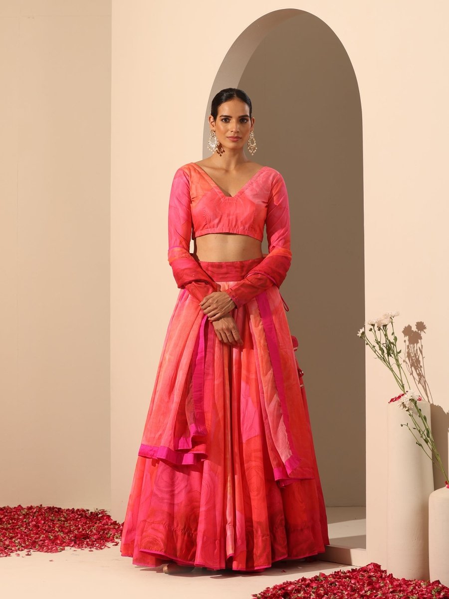 GUL BAHAAR ORANGE PINK MUSLIN SILK LEHENGA WITH Chiffon DUPATTA SET - Pomcha Jaipur