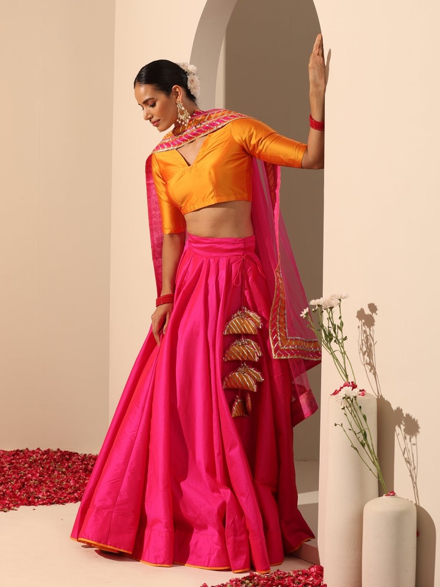 GUL HOT PINK TAFFETA SILK LEHENGA WITH LACE WORK SOFTNET DUPATTA SET - Pomcha Jaipur