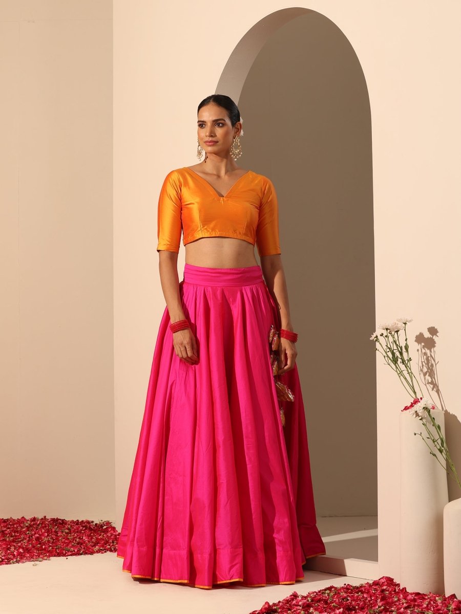 GUL HOT PINK TAFFETA SILK LEHENGA WITH LACE WORK SOFTNET DUPATTA SET - Pomcha Jaipur
