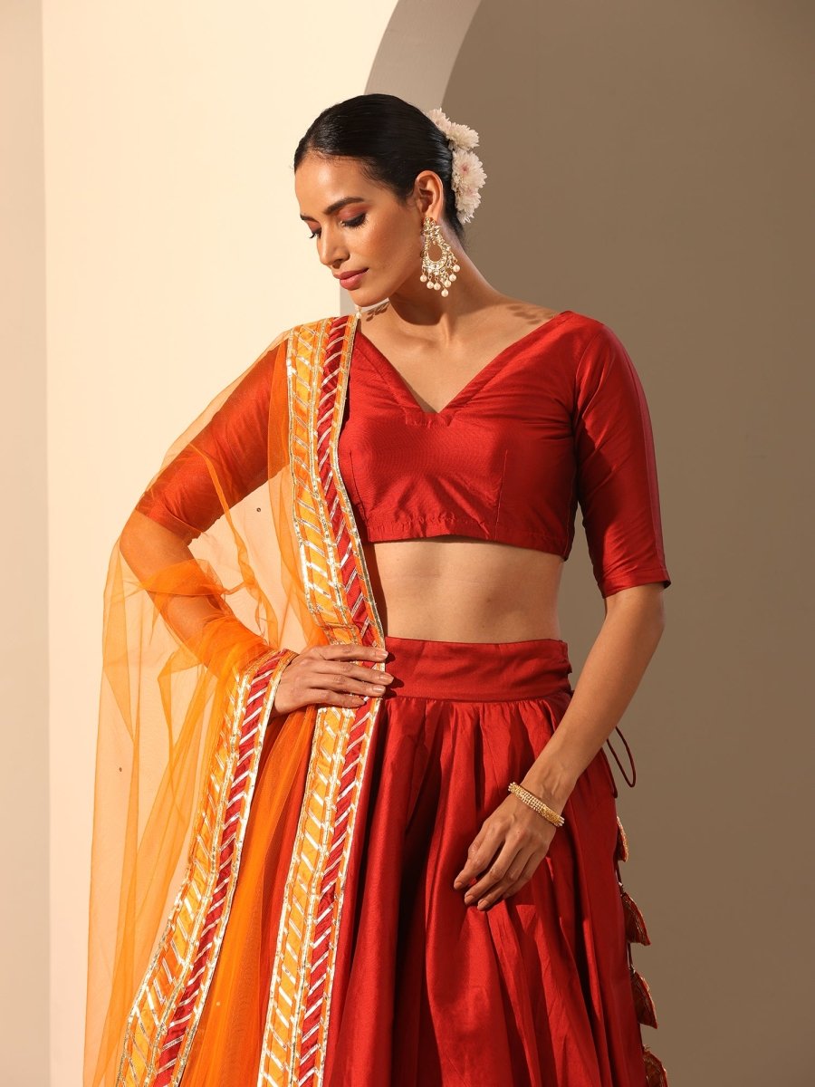 GUL MAROON TAFFETA SILK LEHENGA WITH LACE WORK SOFT NET DUPATTA SET - Pomcha Jaipur