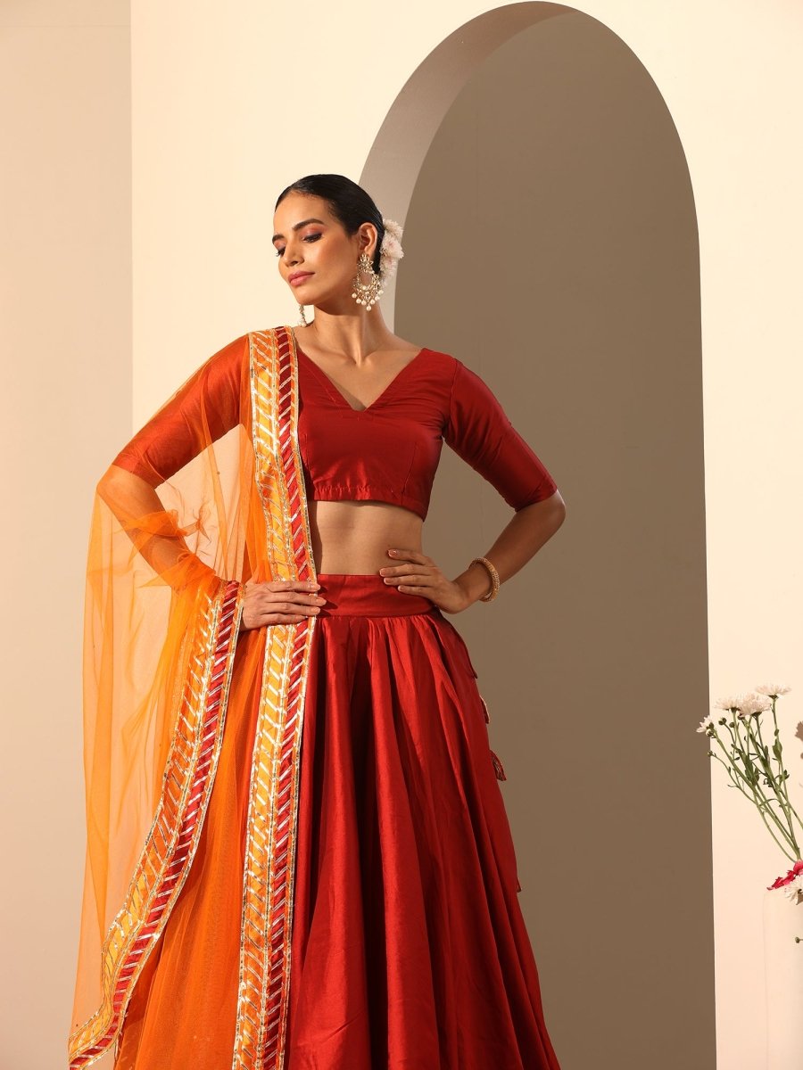 GUL MAROON TAFFETA SILK LEHENGA WITH LACE WORK SOFT NET DUPATTA SET - Pomcha Jaipur